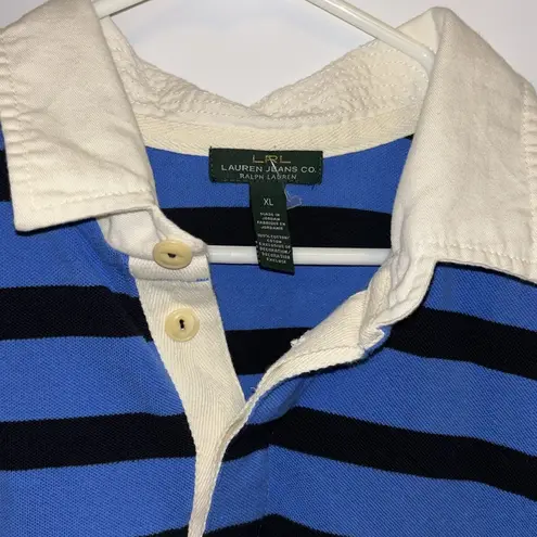 Ralph Lauren LAUREN  NAVY BLUE &  BLUE STRIPE COLLARED L/S POLO SHIRT SIZE XL