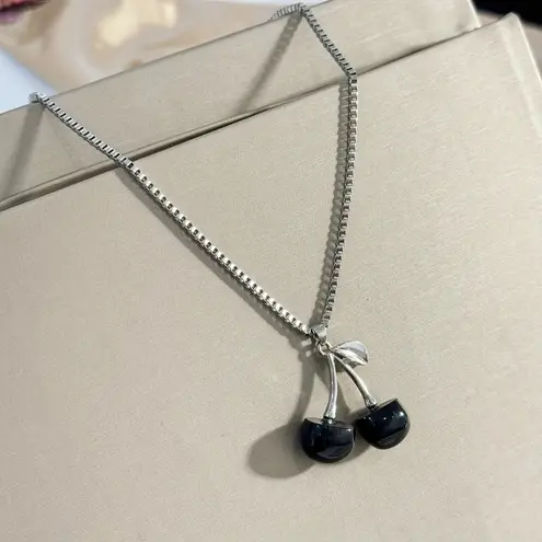 NEW Silver Necklace with Black Cherry Charm, Cherry Jewelry, Retro Jewelry, y2k