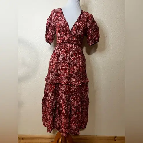 Ulla Johnson Red Floral Amora Ruffle Boho Bohemian Midi Dress 0