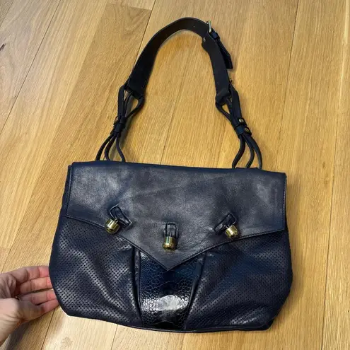 Balenciaga Ostrich Leg Navy Perforated Leather Shoulder Dual Bag Gold Buttons