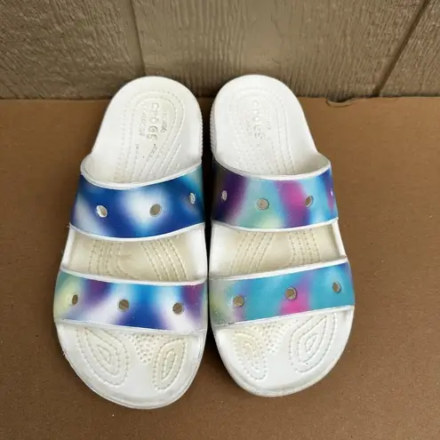 Crocs  Classic Slide Sandals Solarized 2 Strap White Blue Purple Women’s Size 6