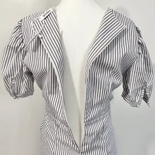Wong Studio New Ruched Flared Hem Striped Short Sleeve Shirt Dress White Grey