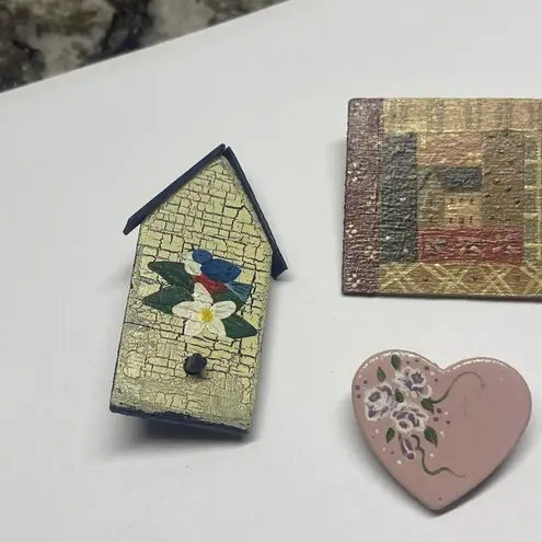 Lot Of 3 Handmade Hand Crafted Brooch Pins Painted Wood Birdhouse Heart Etc