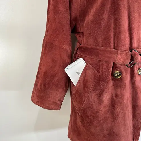 Henri Bendel Vintage Suede Coat Red Leather Belted Double Breasted Cherry