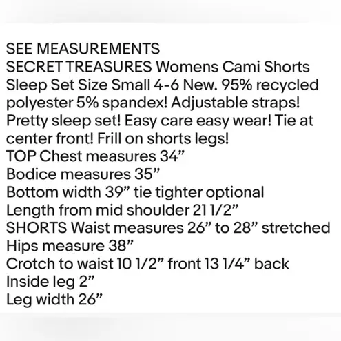 secret treasures Womens Cami Top Tie Front Shorts Sleep Set Size Small 4… - Image 5