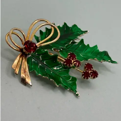 Vintage St. Labre Christmas Holiday Holly Leaf Red Rhinestone Berries Brooch Pin