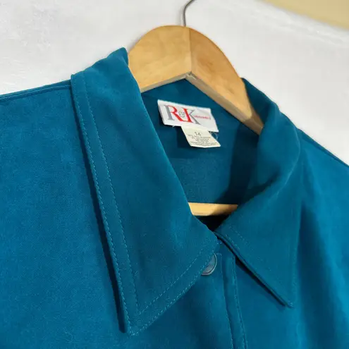Y2K R&K Originals Plus 14 Buttoned Teal Long Sleeve Top Faux Suede Retro Funky Blue