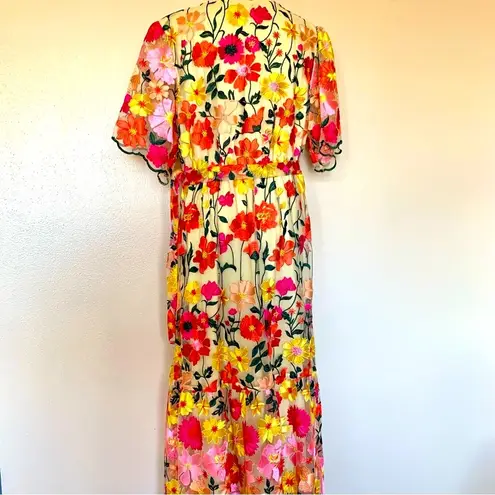 One Loved Babe Tan Orange Red Yellow Pink Floral Embroidered Tulle Maxi Dress. Size undefined