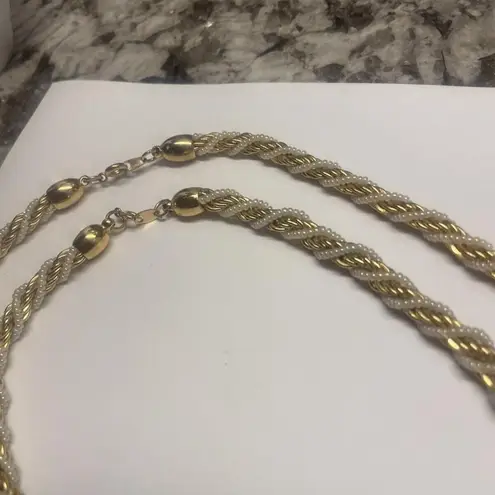 Trifari Lot / Set Of 2 Signed Costume Necklace - Gold Tone / White Bead Beaded