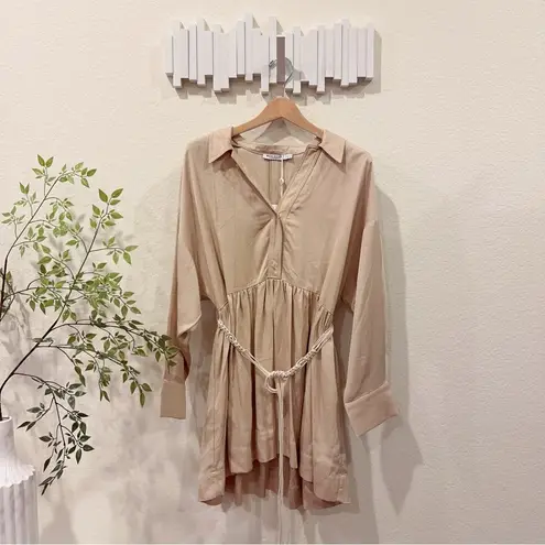 Mon Renn Hermosa Mini Oversized Shirt Dress with Belt in Chai Size Small NWT Tan