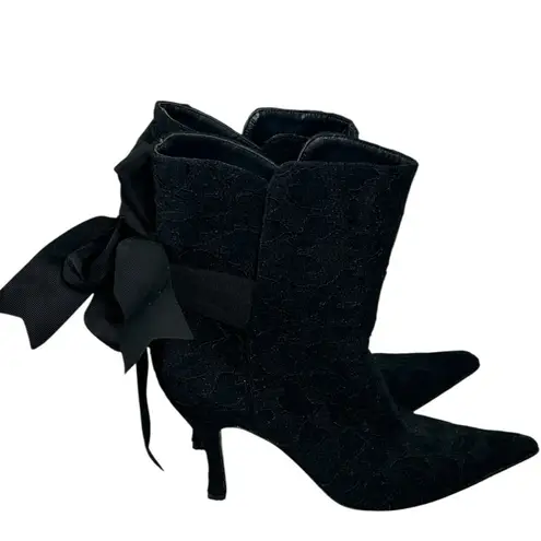 Hollywould Black Lace Overlay Ankle Boots 6.5 – Pointed Toe Bow Tie
