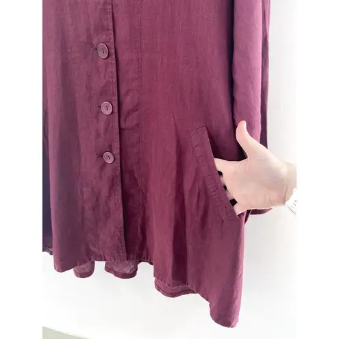 Flax Women's Burgundy 100% Linen Tunic Shirt Dress Medium Lagenlook Long Sleeve