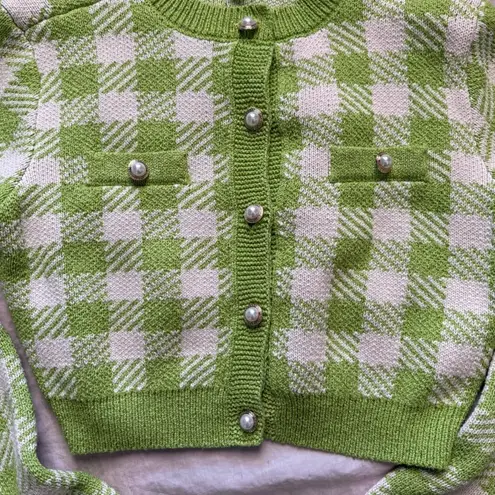 São Paulo Green/White Checkered Cropped Cardigan Green Size M