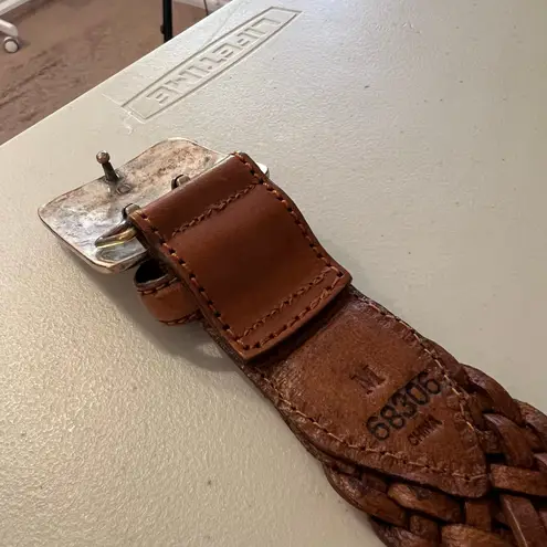 Vintage 90s Tan Woven Weaved Genuine Leather Square Floral Buckle Belt Size SM Brown