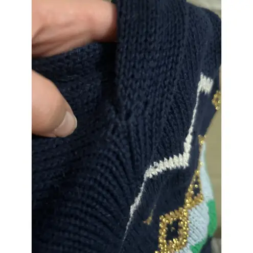 J Crew Navy Fair Isle Sweater Women's L Green Blue Gold Sparkle Knit holiday Size L