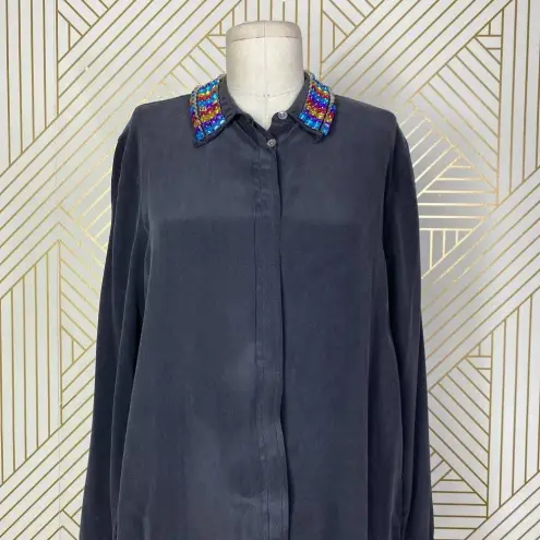 Equipment Rainbow Jeweled Collar Silk Button-Down Blouse Gray Size US Small