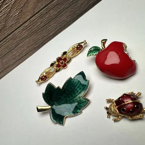 Green Leaf, Red Apple, Ladybug Bug, Flower Bar Enamel Brooch Pin Lot Of 4 Gold
