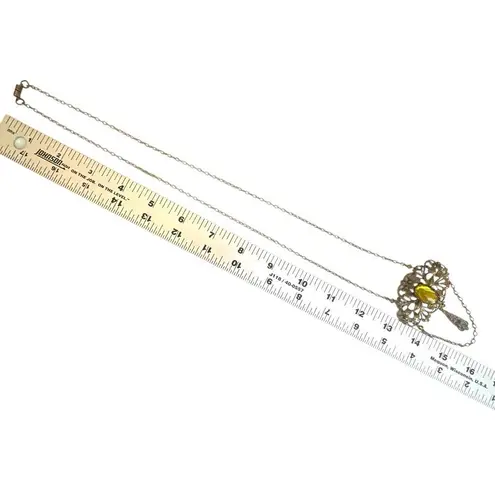 Vintage Czech Brass Filigree Necklace with Yellow Glass Cabochon & Chain Drop