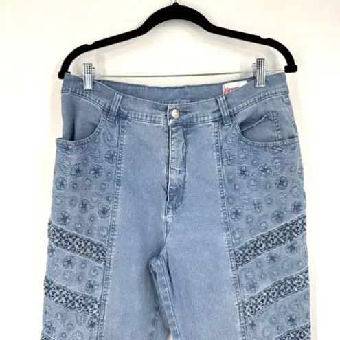 Acezung heavily embroidered boho straight leg hi rise jeans light wash size 10 Blue