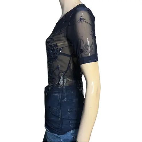 Rouge a Levres Women’s Size 44 M Navy Blue Sequin Embellished Mesh Sheer Top Size M