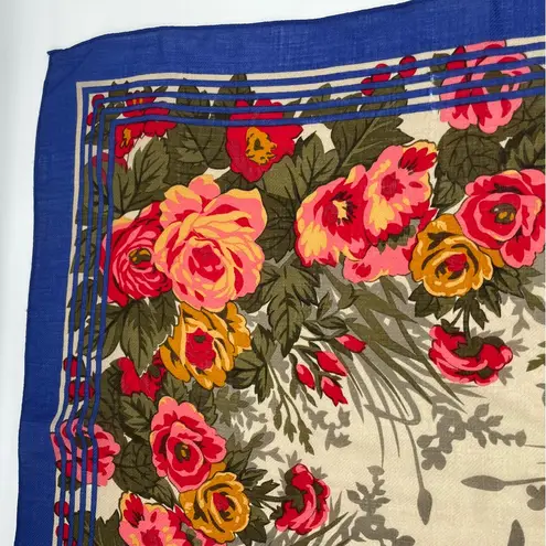 Perry Ellis Vintage Scarf Wool Floral Square Retro Roses FLAWS Pink Blue Border