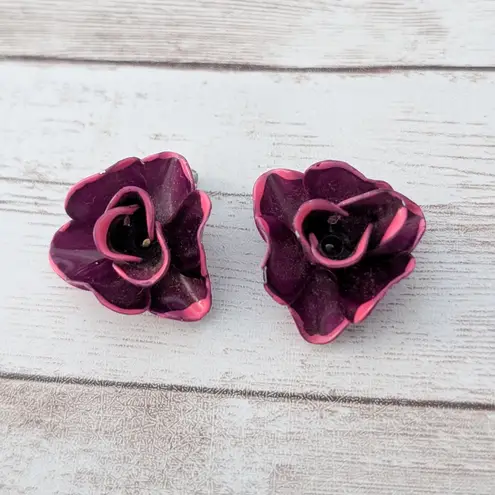 Vintage Clip On Earrings Large 3D Flower Magenta/Fuchsia Tones