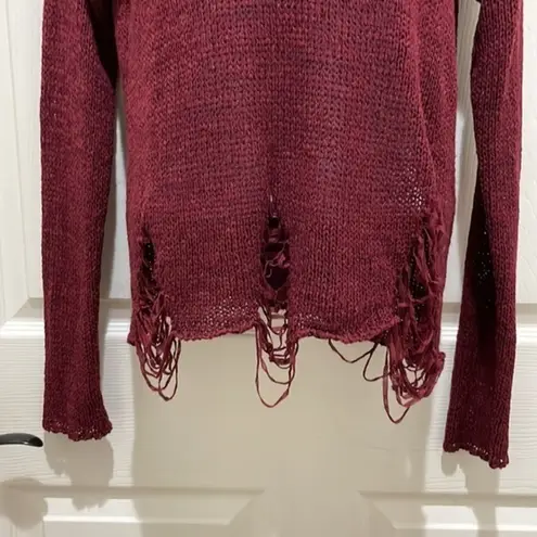 Bear Dance Burgundy Knit Distressed Sweater