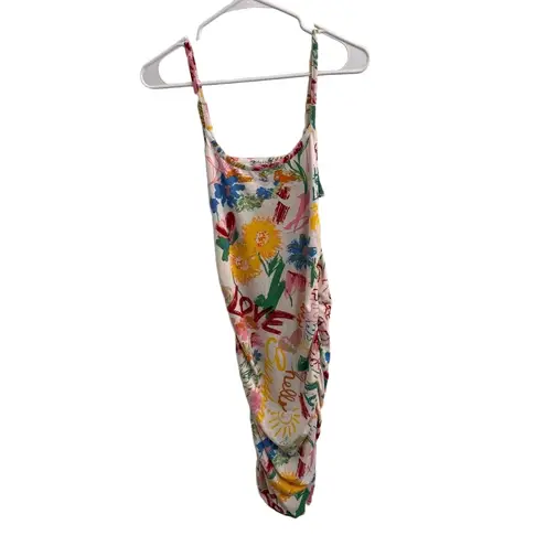 Jolie & Joy Graffiti Floral Ruched Slip Dress Medium Red