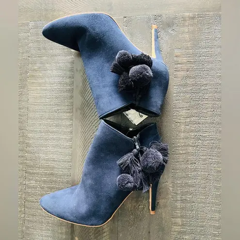 ZARA  Leather Navy Blue Pom Pom Detail Heel Ankle Boots Size 9.5