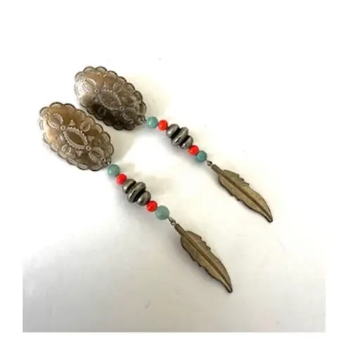 Silver tone long beaded feather earrings
