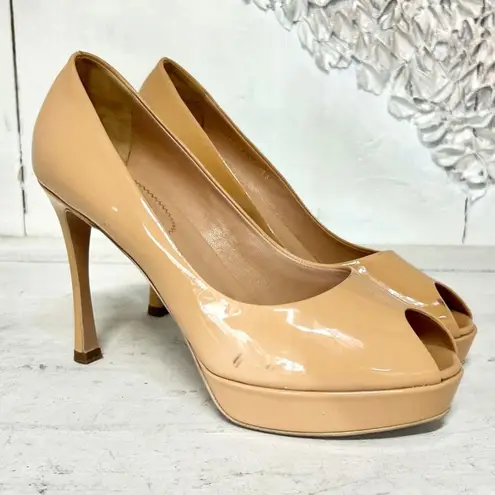 Saint Laurent  YSL Patent Leather Slip On Peep Toe Stilettos Pump Beige 38 / 7.5