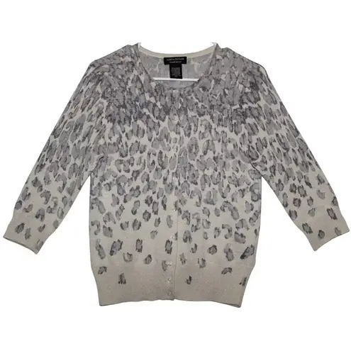 Lord and Taylor Women's Gray Silver Cream Cashmere Cheetah Cardigan Sweater Size M