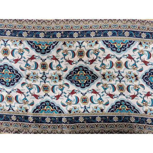 Tilla 100% Silk Scarf Rectangle in Turquoise Rust Floral Border Print Blue