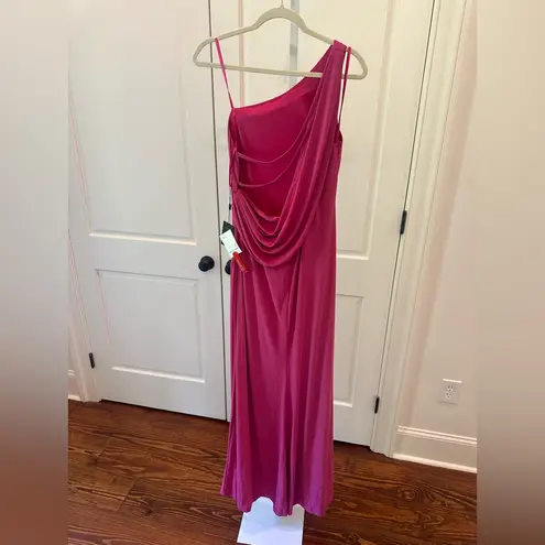 Mac Duggal NWT Sz 8 Candy Pink Jersey One Shoulder Draped Back Gown 26512