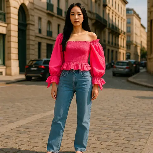 The Drop Women's Smocked Ruffle Trim Long Sleeve Top