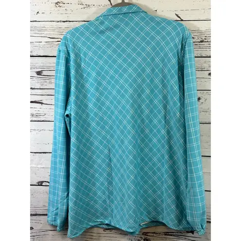 Ashworth Women's Long Sleeve Tee XL Turquoise White Plaid