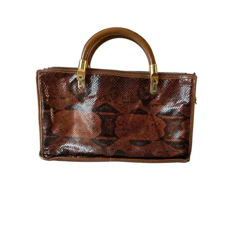 Vintage Bags By Varon Brown Snakeskin Purse Handbag Wooden Handle 1980's
