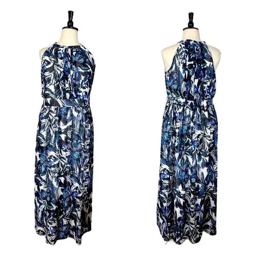 Jones Studio New Maxi Dress Halter Neck Pleated Chiffon Blue Multi Women’s 16W