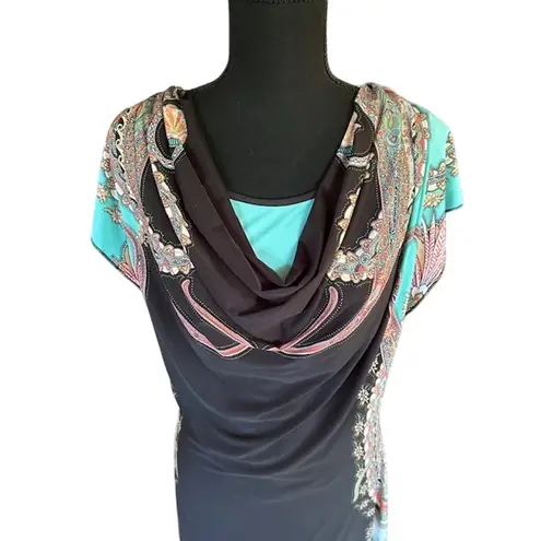 One World “Live & Let Live” Cowl-Neck Border-Print Dress, Black/Teal, Size M