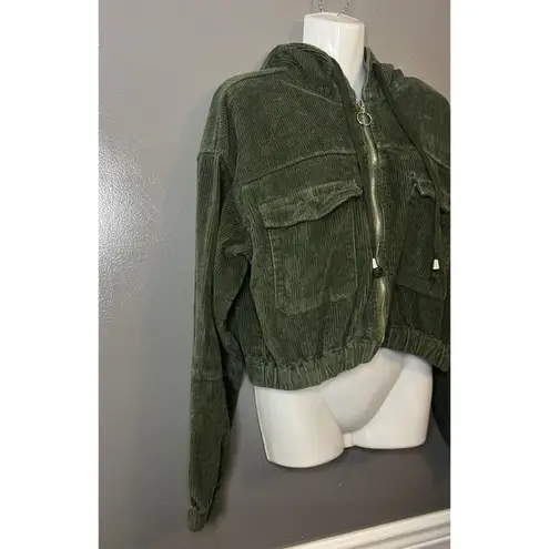 American Bazi Jacket Womens 1X Green Corduroy Hooded Zip Cropped Flap Pockets
