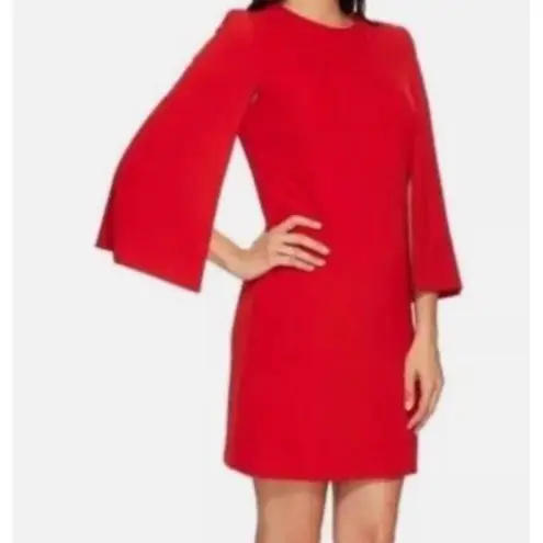 Tahari Asl Firebird Red Split Cape Sleeve Shift Dress Size 4