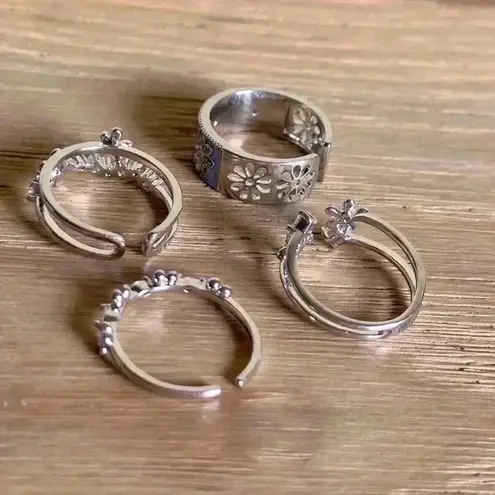 Loslie Blue Butterfly & Flower Sea Open Ring Set Silver