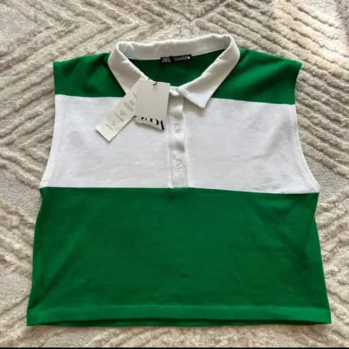 ZARA  NWT Green and White Polo Cropped Tank Golf Tennis Preppy Collared Shirt