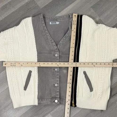 Porter Collective Denim Knit Bomber Sweater Jacket Taupe Cream Small Gray