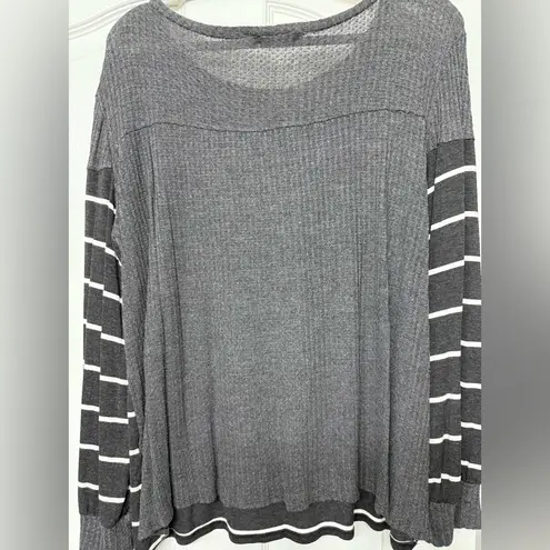 Hazel Women's Size XL Charcoal Grey Striped Waffle Knit Lightweight Sweater Top Gray