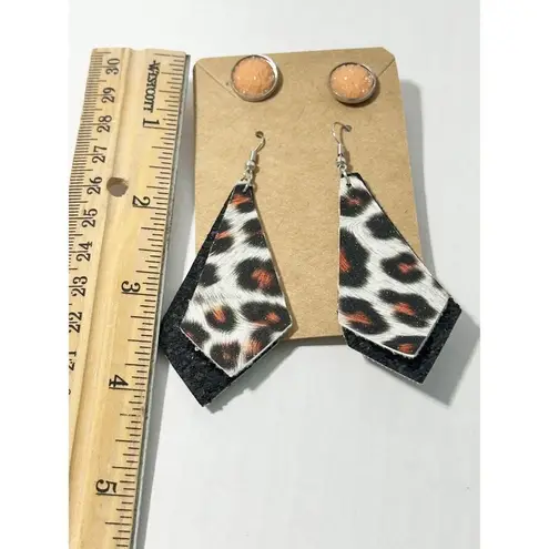 Geometric Vegan Leather Dangle & Crystal Round Earrings Peach & Black 2 Pairs Black