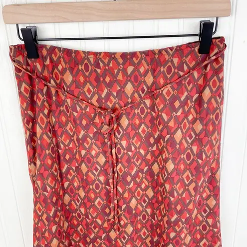 Vintage 90s Y2K Clio Midi Skirt Tie Waist Orange Geometric Print Size Medium