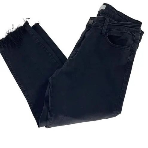 KanCan Women's Cropped Skinny Jeans Mid Rise Shark Bite Fringe Hem Black Size 31