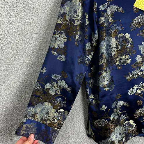 Yi Lin top womens medium blue floral brocade mandarin collar button Asian kimono