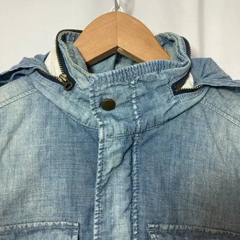 J. Crew Blue Chambray Denim Snap Zip Up Hooded Plaid Lining Bomber Jacket Size 6